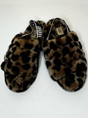 UGG Fluff Yeah Slide Leopard Print Sheepskin Slippers Slingback